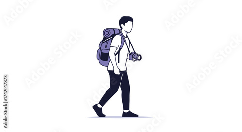 Illustrated hiker walking with a backpack and camera, ready for an adventure, exploring new destinations and capturing memories of his travel