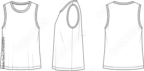 Sleeveless top flat sketch, fashion CAD technical drawing, vector apparel template with round neckline, darts shaping, relaxed fit, multi view illustration
