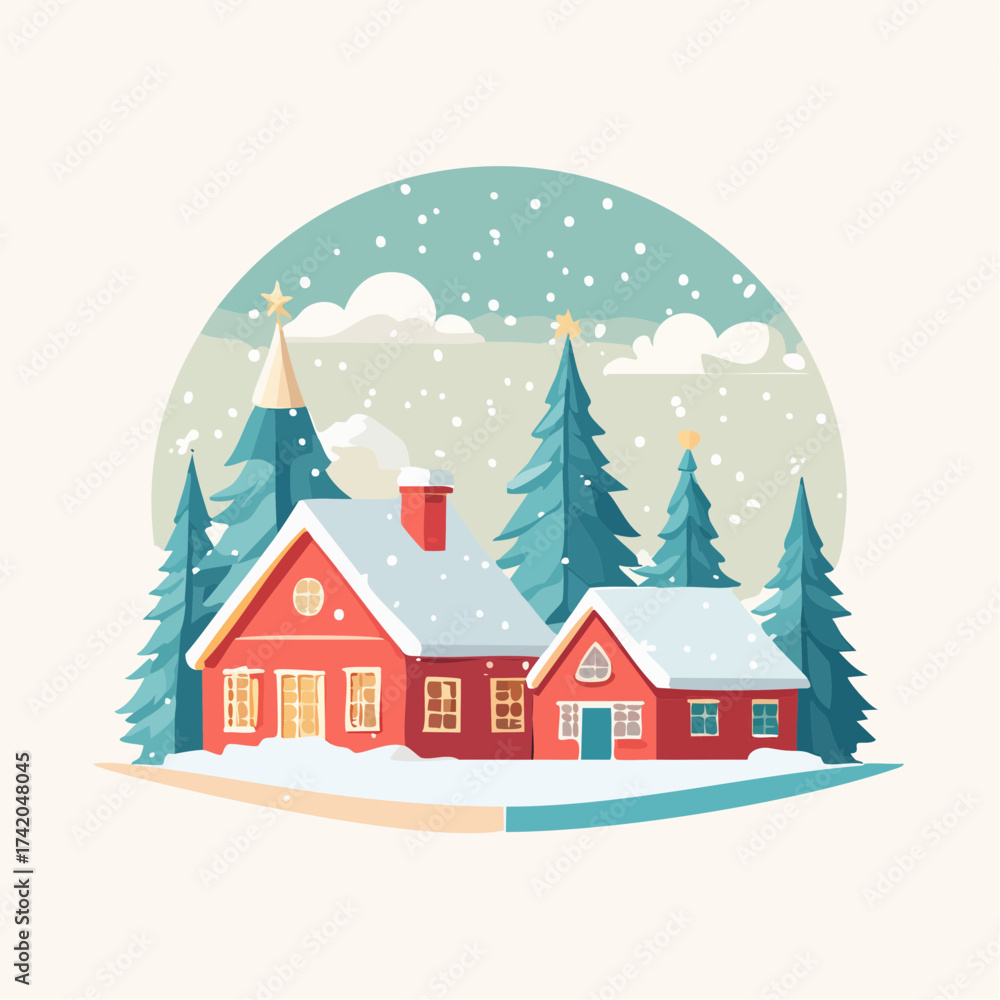 Naklejka premium Snow falling over small winter village