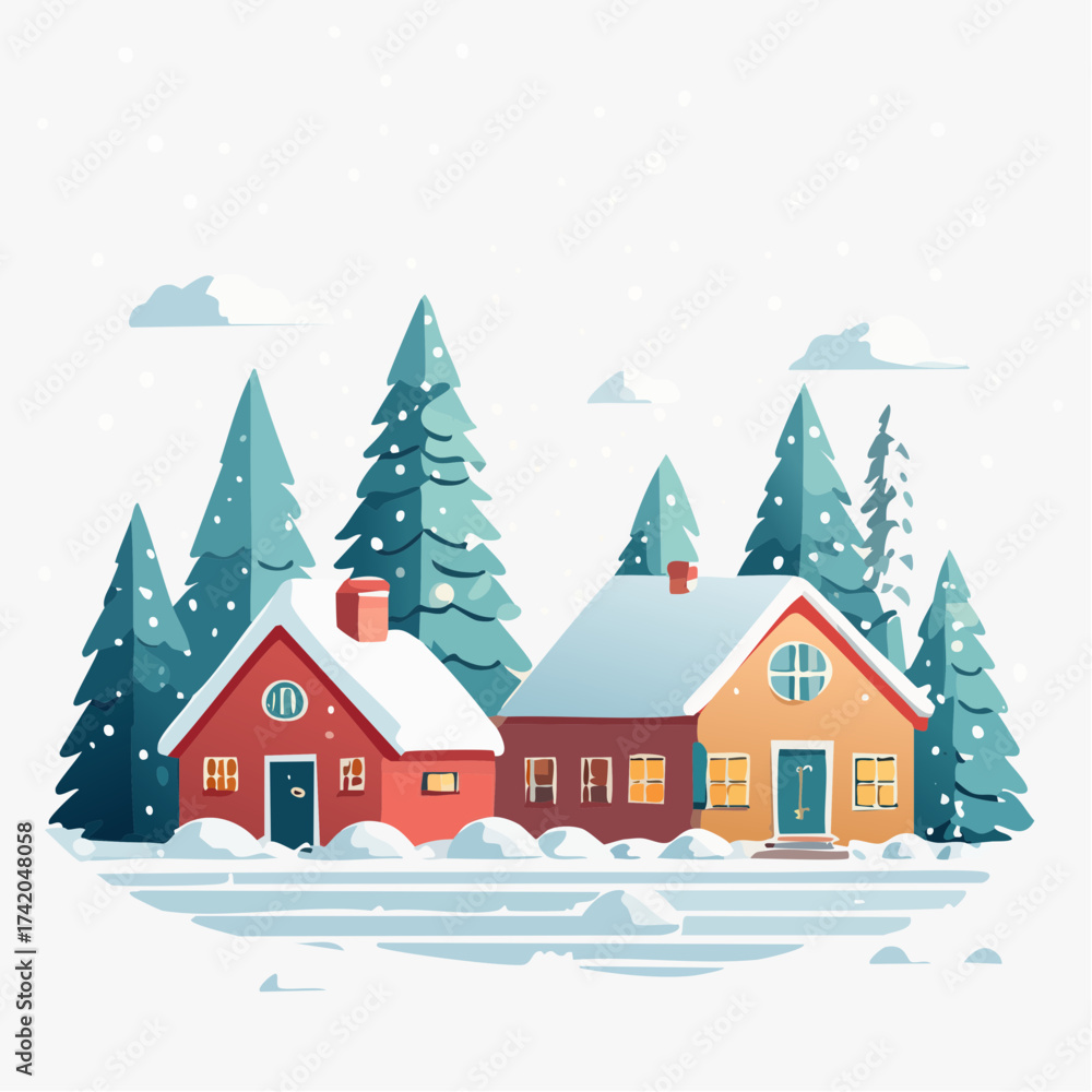 Fototapeta premium Snow falling over small winter village