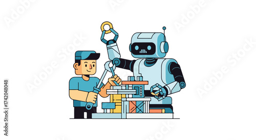 Illustrative Depiction of Collaborative Robotics and Human Integration within a Technological Landscape showing the future of work
