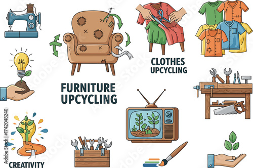 Upcycling Vector Icons Set – Creative and Eco-Friendly Recycling, DIY Reuse, and Sustainable Design Illustrations