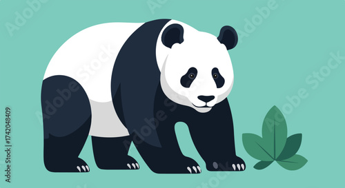 Illustration of a stylized panda bear standing beside green leaves on a teal background demonstrating wildlife conservation