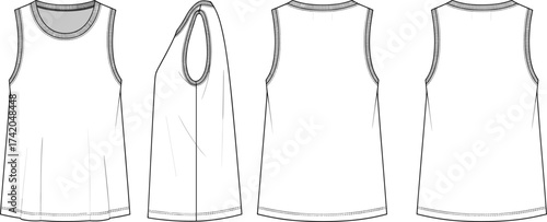 Sleeveless top flat sketch, fashion CAD technical drawing, vector apparel template with round neckline, pleat detail, curved hem, multi view illustration