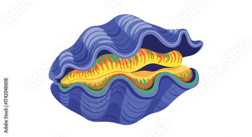 Stylized vector illustration of a blue clam with an orange and yellow interior, isolated on a white background showcasing a marine animal