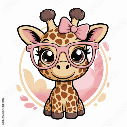 Adorable Giraffe in Pink Glasses and Bow Illustration