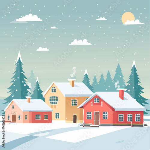 Wallpaper Mural Snow falling over small winter village Torontodigital.ca