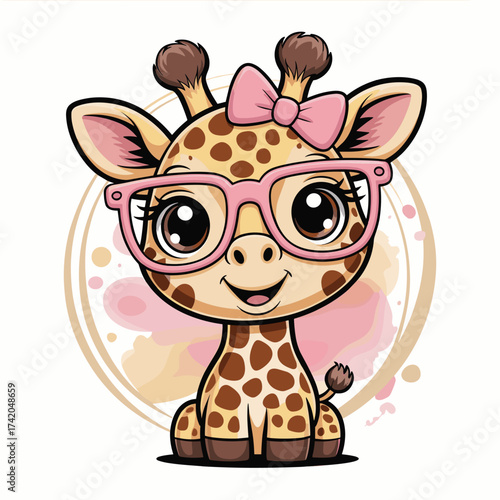 Adorable Giraffe in Pink Glasses and Bow Illustration