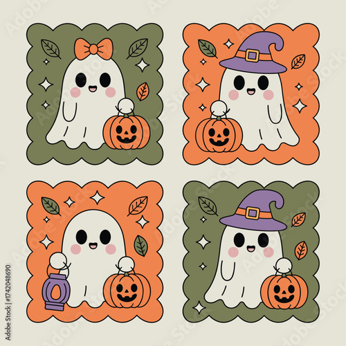 Kawaii Halloween Ghosts and Pumpkins Card Set