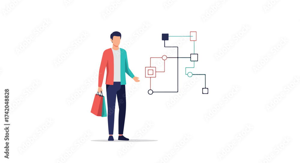 Fototapeta premium Consumer behavior analysis through data flow, showcasing modern retail technology and purchase journey optimization with advanced data visualization