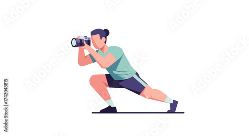 Focused photographer in action capturing a unique perspective with dedication and precision, demonstrating artistic passion and skill for visual