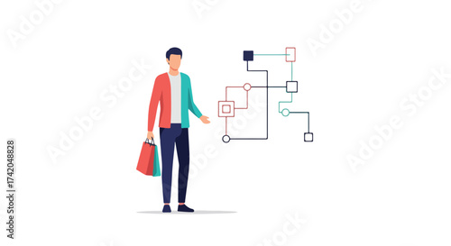 Consumer behavior analysis through data flow, showcasing modern retail technology and purchase journey optimization with advanced data visualization