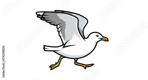 Stylized seagull depiction of avian creature with wings outstretched in mid-flight, legs animated in running posture to emulate energy