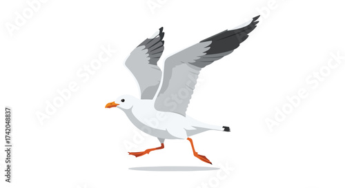 Cartoon Seagull Taking Flight with Spread Wings Isolated on White Background, Animated Bird Illustration for Design Projects