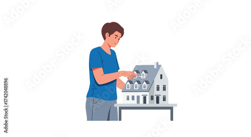 Young architect contemplating intricate details of a meticulously crafted architectural model in a bright isolated setting