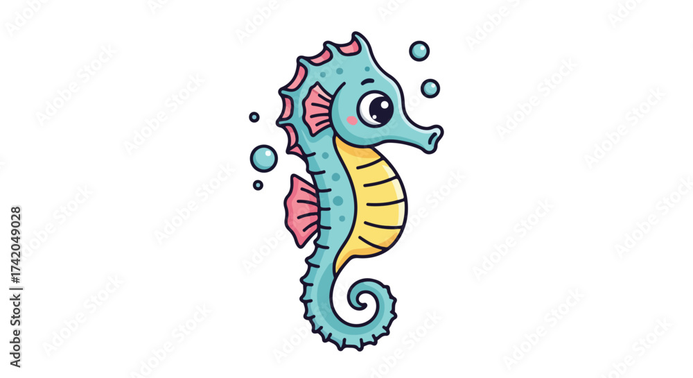 Obraz premium Charming Cartoon Seahorse Illustration with Bubbles: A Vibrant Aquatic Creature Depicted in Playful Style isolated on White