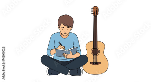 Illustrative scene depicting a young musician seated with a guitar, engrossed in songwriting within a notebook during the creative process