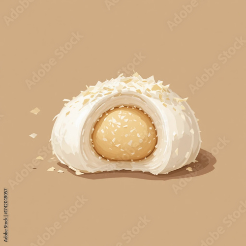 Illustration of peanut-filled mochi cake with a plain background