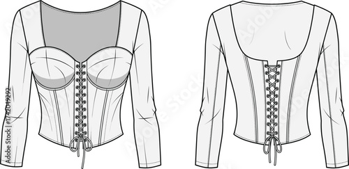 Corset top flat sketch, fashion CAD technical drawing, vector apparel template with sweetheart neckline, lace‑up closure, structured cups, long sleeves illustration