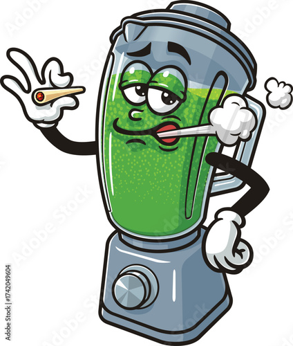 Cartoon mascot of juice blender is smoking