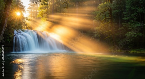 Fototapeta Naklejka Na Ścianę i Meble -  Golden waterfall glowing under morning sunlight
