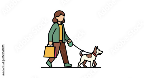 Stylized depiction of a woman walking her dog with shopping bag on a solid white background for various creative projects