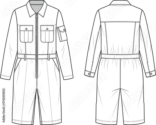 Utility jumpsuit flat sketch, fashion CAD technical drawing, vector apparel template with collar, zipper front, chest pockets, waistband, shorts illustration