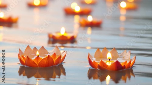 A group of candles floating on the surface of calm water, creating a peaceful atmosphere