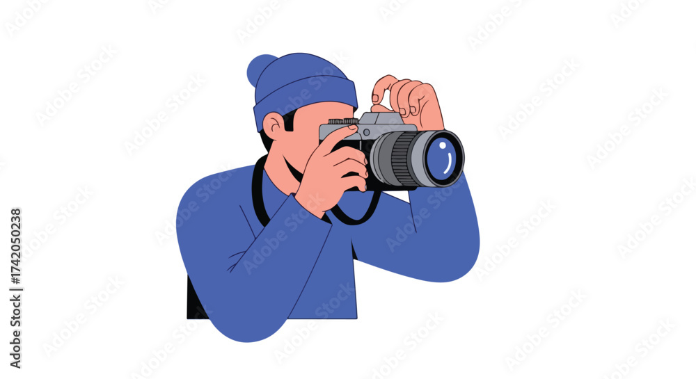 Fototapeta premium Illustration of photographer with professional camera taking pictures in blue clothing and a hat, against white background, photography is his hobby