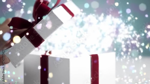 Opening a Gift Festive Surprise with Lights and Ribbon