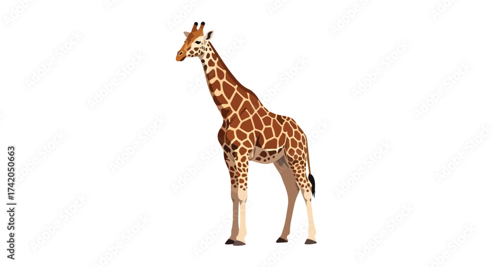 Obraz premium Elegant giraffe illustration, showcasing its distinctive brown spots and lengthy neck, isolated on a crisp white background, displaying african