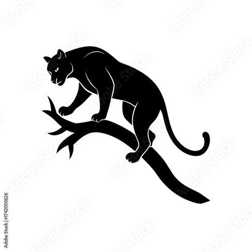 Black panther on a tree branch on transparent background silhouette