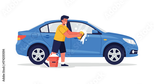 Enthusiastic individual meticulously washing a vibrant blue car with focused attention and gleaming results, embodying pride in vehicle upkeep