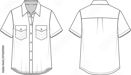 Short sleeve shirt flat sketch, fashion CAD technical drawing, vector apparel template with collar stand, chest pockets, button placket, yoke, pleat illustration