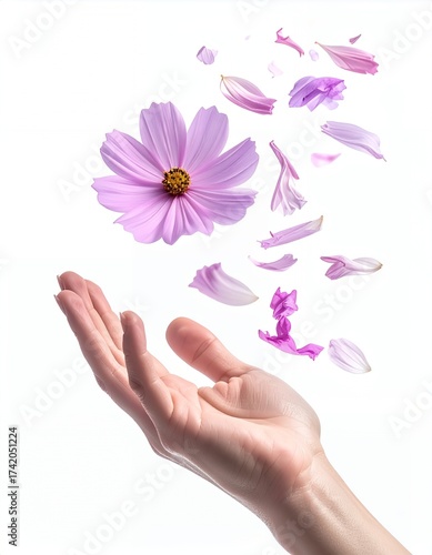 手の上に浮かぶピンクコスモスの花と花びら