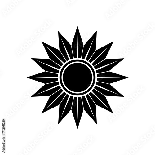 Stylized sun with sharp petals on transparent background silhouette