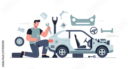 Auto mechanic repairing car: Conceptual illustration of vehicle maintenance and restoration showcasing professional service and component replacement