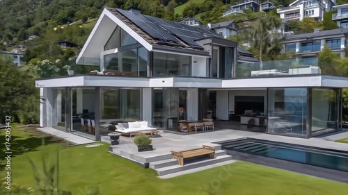 Modern house with pool and solar panels on a green hillside