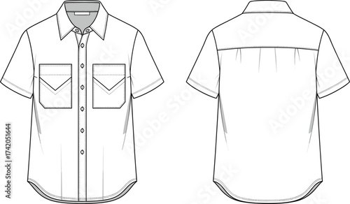 Short sleeve shirt flat sketch, fashion CAD technical drawing, vector apparel template with collar, chest pockets, button placket, yoke, pleat illustration