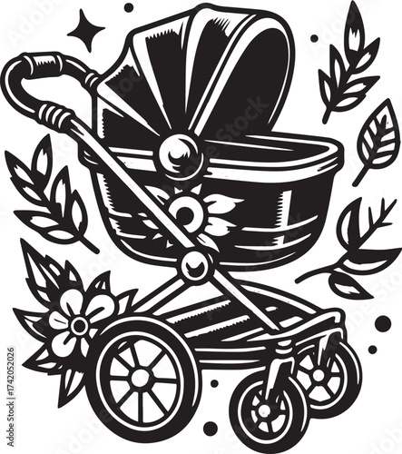 Elegant Black and White Illustration of a Baby Stroller with Floral and Leaf Accents