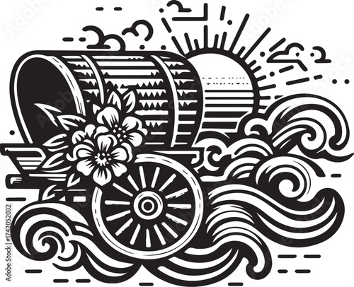 Vintage wagon with flowers, sun, and waves in a black and white illustration