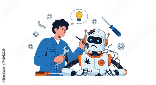 Thoughtful mechanic diagnosing a damaged robot, illustrating the complexities of modern tech repair and the collaboration between humans and