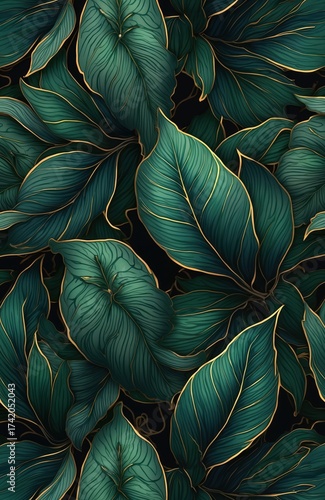 Wallpaper Mural Illustration features emerald leaves with gold veins on dark background. Botanical pattern depicts foliage design. Nature art uses sophisticated design element for luxury decor or print. Torontodigital.ca