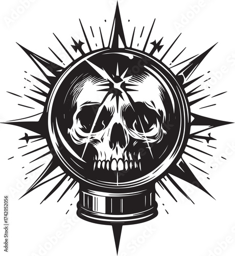 Intricate Black and White Illustration of a Crystal Ball with a Skull Inside and Detailed