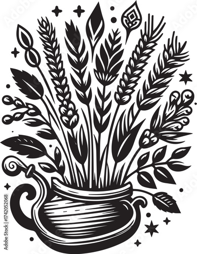 Elegant black and white illustration of wheat and floral arrangement in a decorative pot