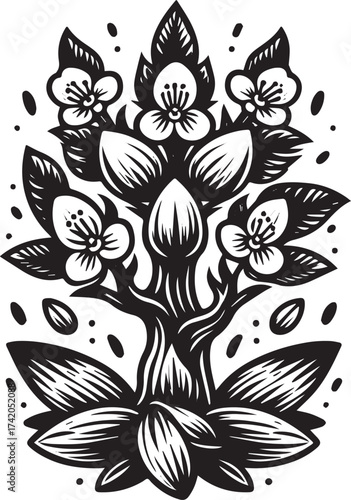 Detailed Black and White Floral Illustration of a Tree with Flowers and Leaves Ornament Design