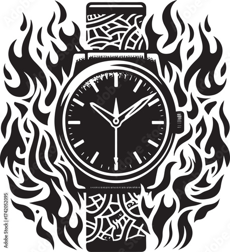 Stylish Vector Illustration of a Burning Watch, Symbolic of Time and Intensity, Bold Design