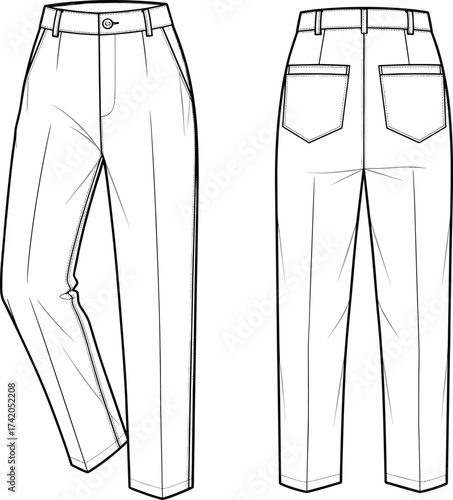Tapered pants flat sketch, fashion CAD technical drawing, vector apparel template with waistband, belt loops, zipper fly, patch pockets, darts illustration