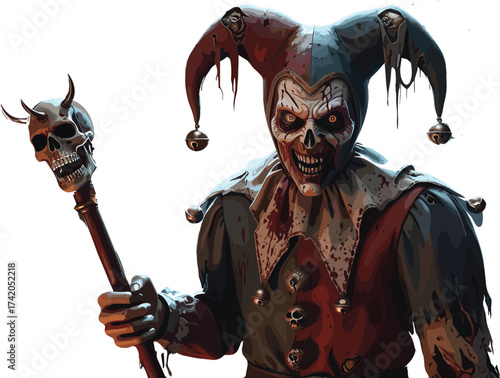 Sinister jester illustration, skull face character, horror costume design, horned staff, creepy clown, Halloween monster, fear, menace, nightmare, macabre