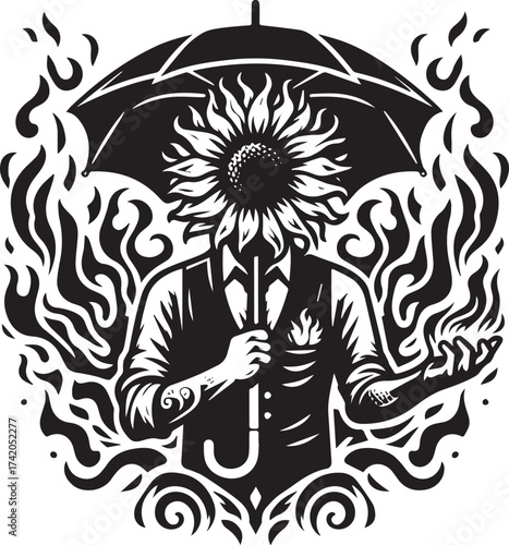 Intriguing artistic illustration depicting a person with a sunflower head holding an umbrella in